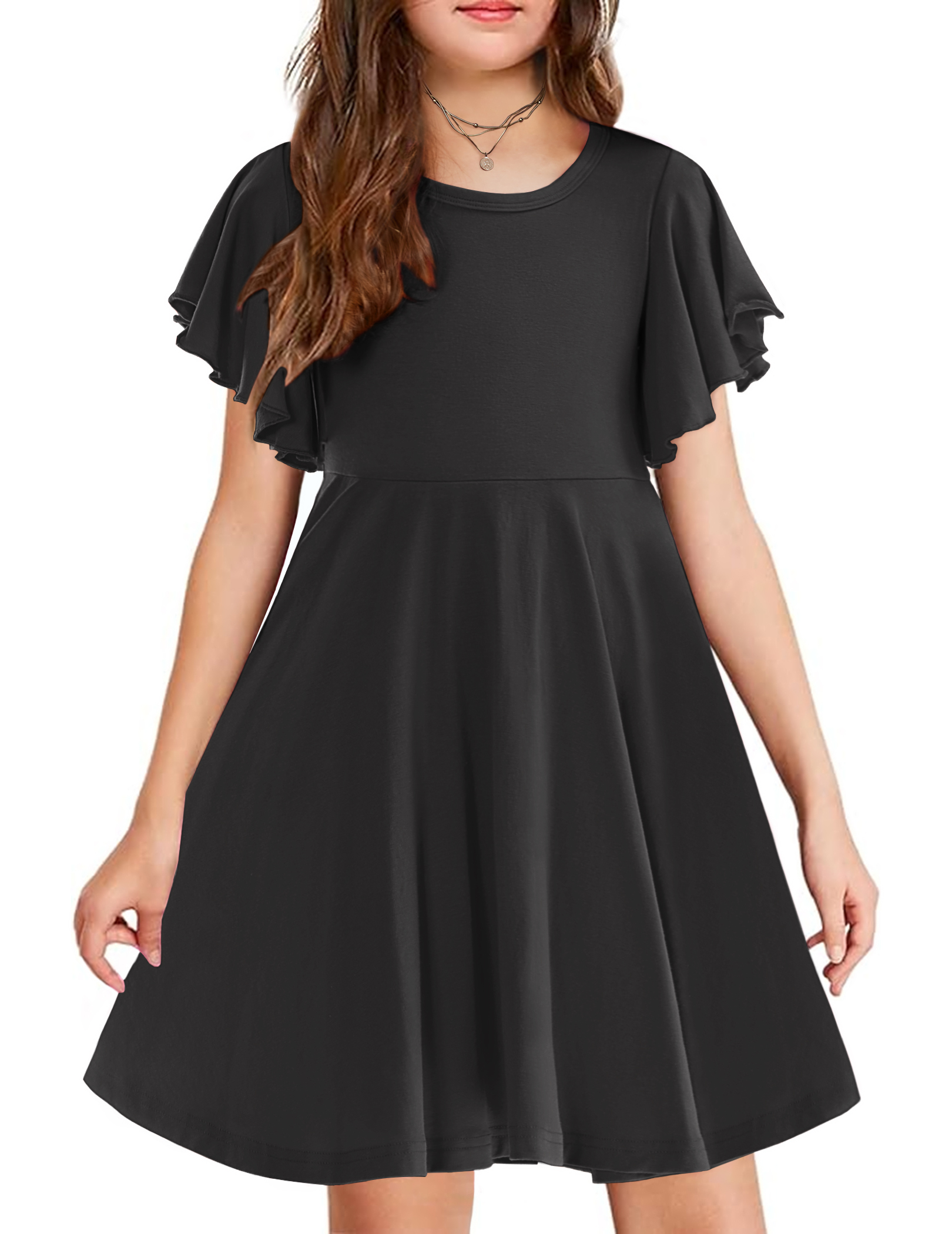 Oudiya Girls Butterfly Sleeve Summer Dress A-Line Casual Swing Twirl Skater Dress with 2 Pockets for Kids, 10-11Y